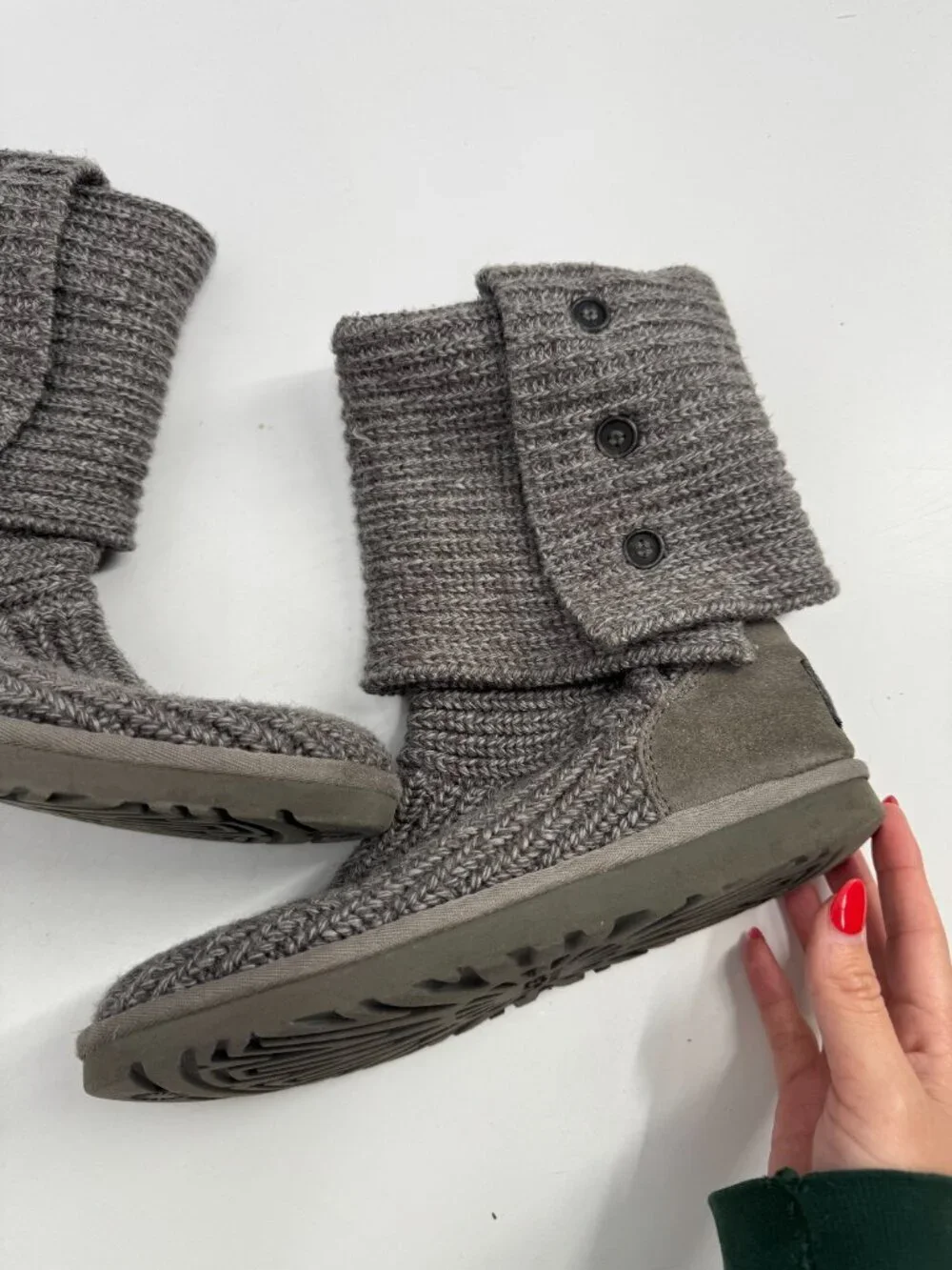 UGG Australia Classic Cardy Grey Knit Three-Button Tall Winter Boots Rustic Sz 8
